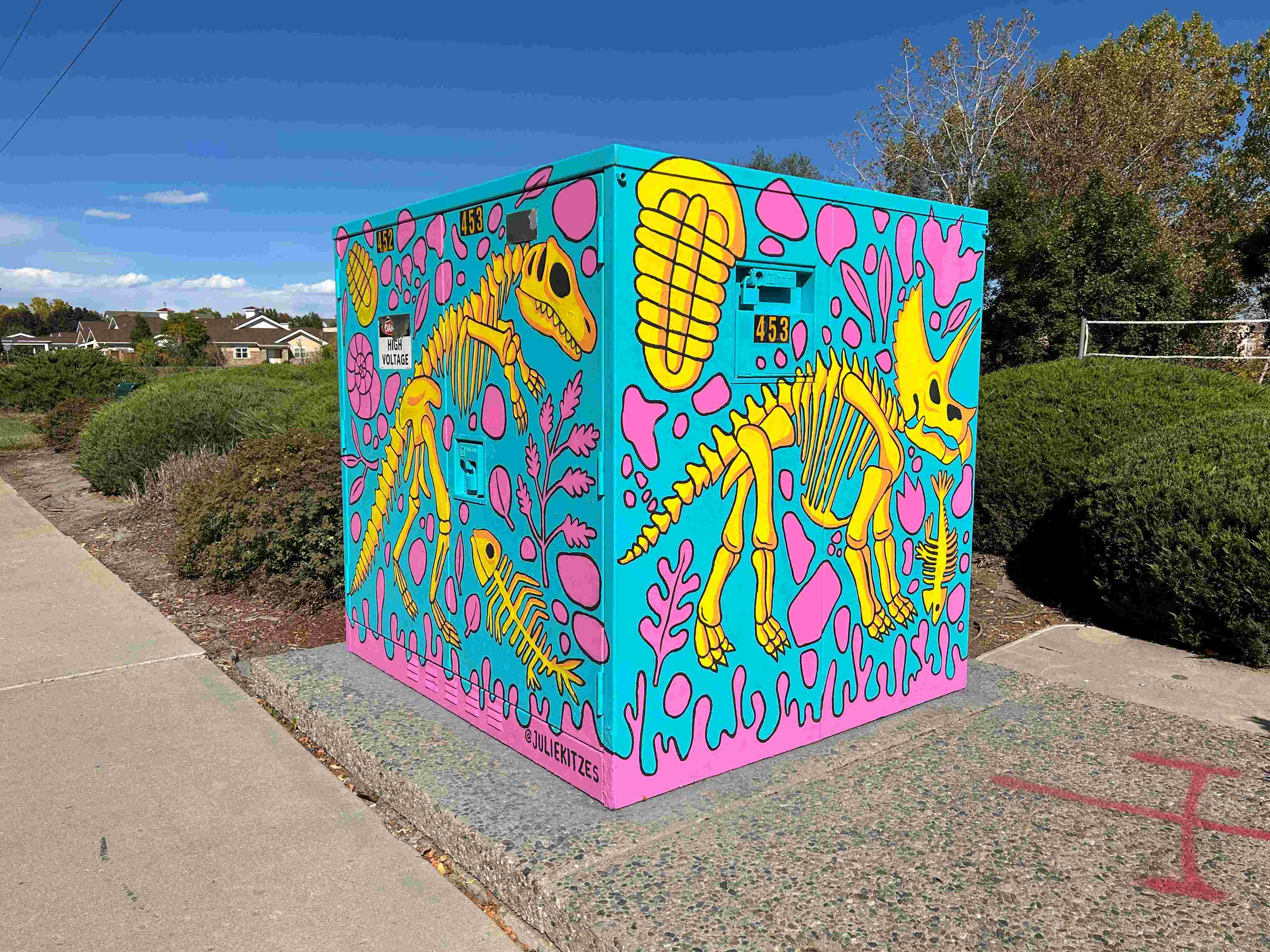 Utility box painted with a light blue background, abstracted plant imagery in bright pink and fossil images in yellow outlined in black.