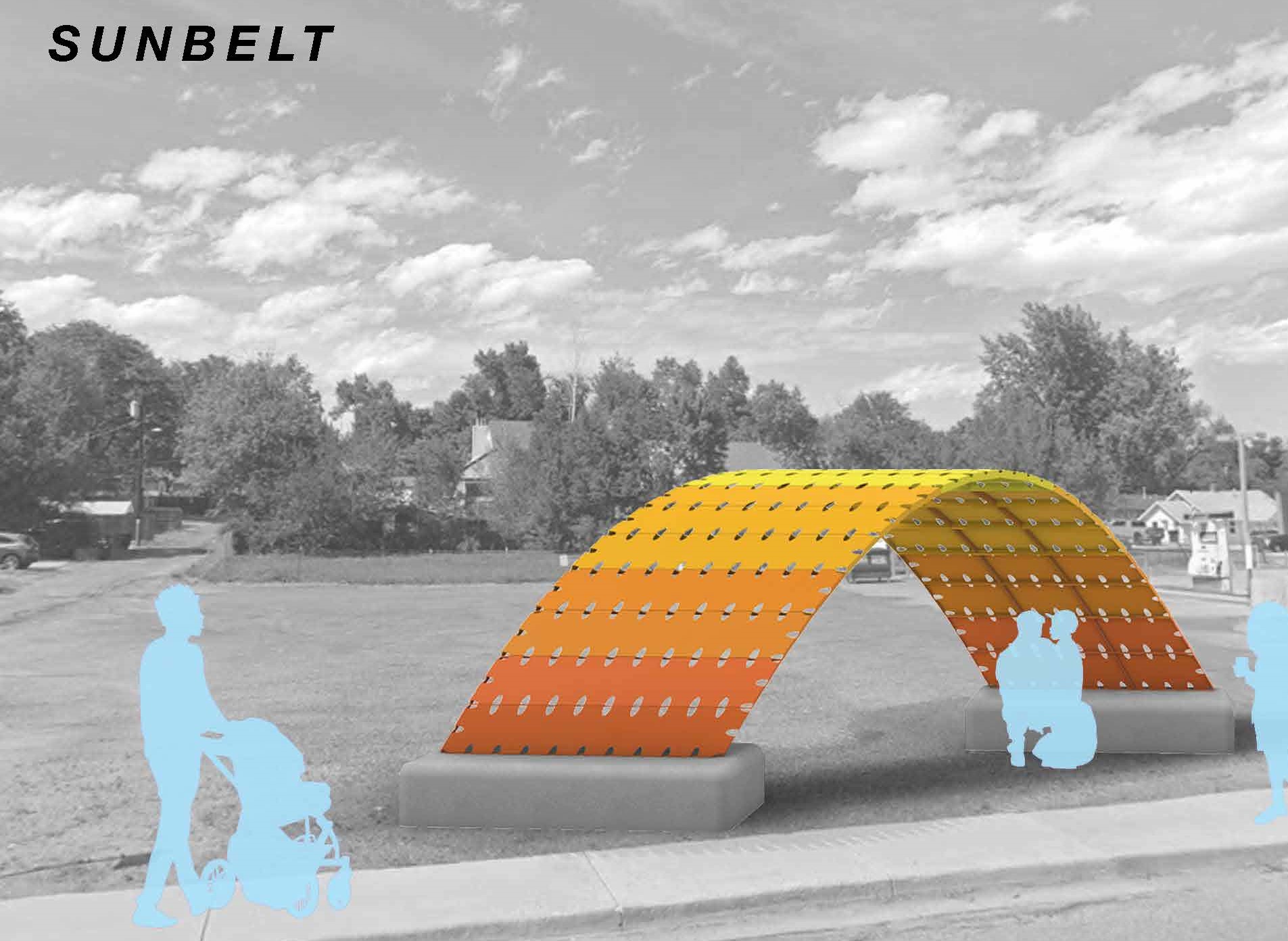 Digital rendering of a warm-colored arch way with a series of nondescript light blue figures.