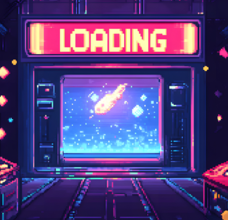 Neon illustration of a video game console with the word "loading" above the screen.
