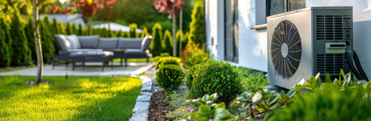 Image of a heat pump on the side of a house in a summer yard hext to grass and patio furniture