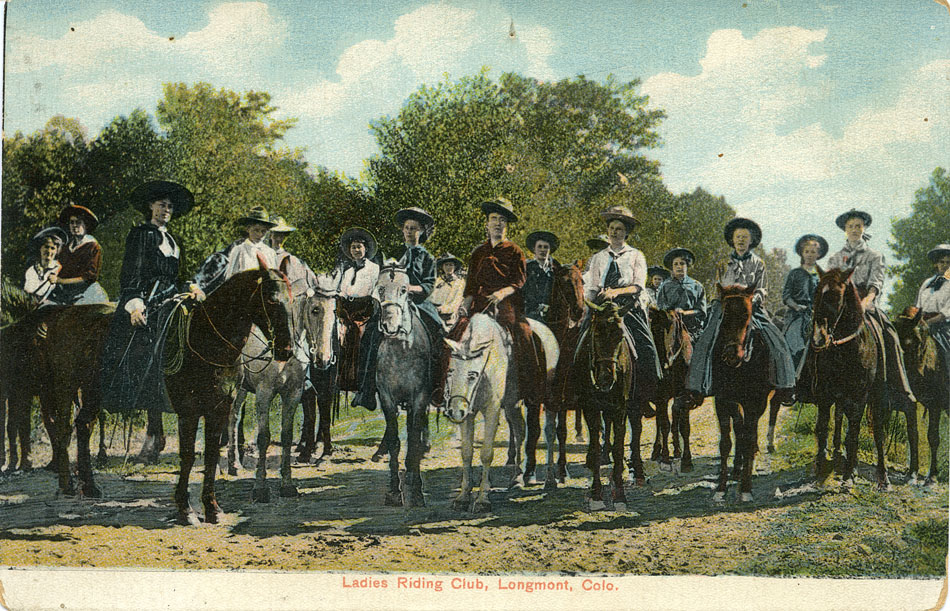 Color picture postcard depicting at least sixteen or more women on horseback. The women are wearing brimmed hats, some with white blouses and ties, others with colored long sleeve blouses and riding pants. At the bottom of the postcard printed on a white border is "Ladies Riding Club, Longmont, Colo"