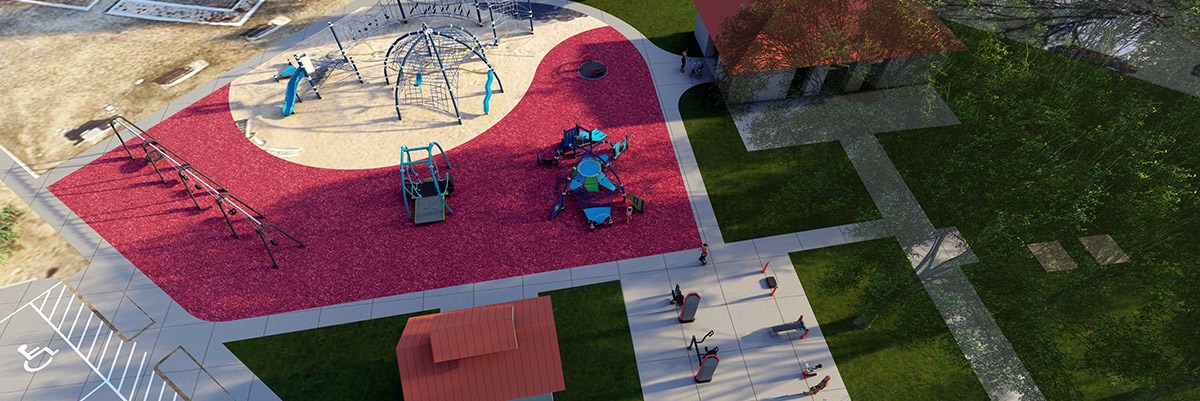 An artist's rendering shows a birds-eye view of the Roosevelt Park improvements after completion, with both a senior exercise area and a new playground.