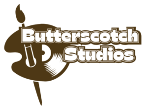 brown logo for butterscotch studios with a record and paintbrush illustration