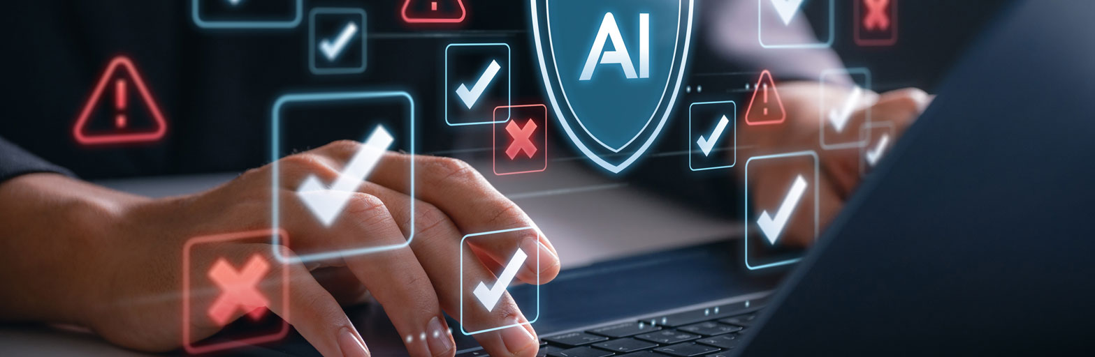 close up of someone using a computer with light images of checkmarks and x marks and the word AI in a shield