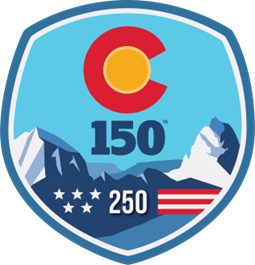CO 150 USA 250 anniversary logo in red yellow and blue
