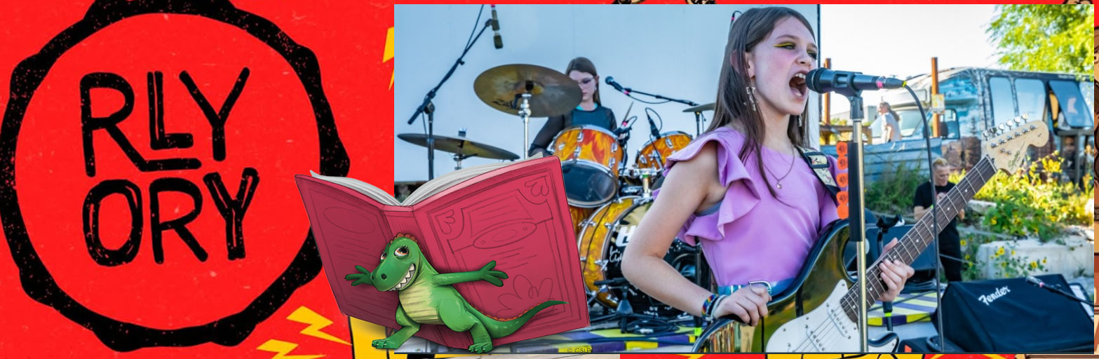Band RLY ORY logo on a red background and a young girl singing into a mic.