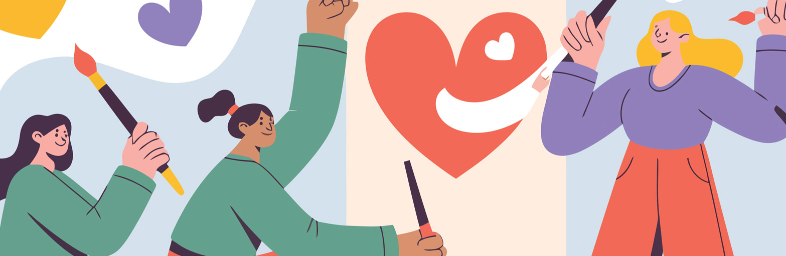 Illustration of people holding paintbrushes standing at a canvas covered in hearts.