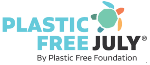logo with words Plastic Free July and a drawing of a turtle