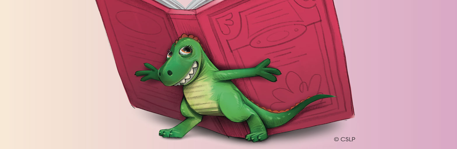 illustration of a dinosaur holding a large red book.