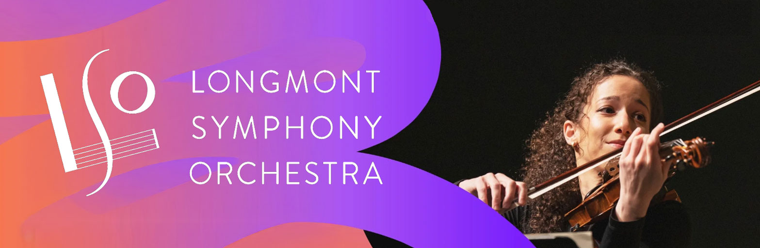 woman playing a violin and a pink and purple background with longmont symphony orchestra logo