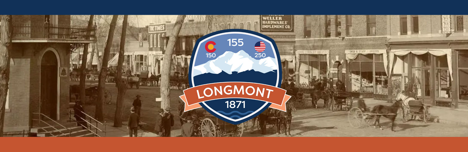 Historical photo of Main Street in Longmont CO with an overlaying logo marking the 155-150 and 250 USA anniversaries in 2026.