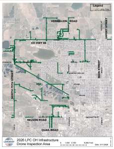 Map depicting the utility areas around Longmont that will be inspected by drones. This includes areas between Vermillion Road and Colo. 66, between COlo. 66 and Hygiene Road, along most of north 75th Street, between Nelson Road and Quail Road, and some small scattered street segments within the city. 