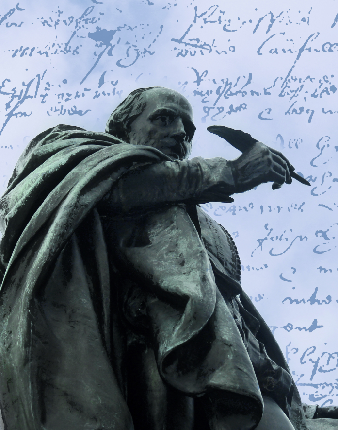 statue of Shakespeare with a feather pen against a wall covered with old writings.
