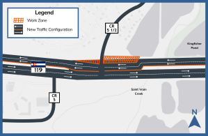Map of Highway 119 near CR15 and CR5 showing the westbound lanes, eastbound traffic will shift toward the right shoulder, and westbound traffic will use temporary lanes in the center of the roadway. The lanes will be divided by concrete barriers, and two lanes of traffic will remain open in each direction.