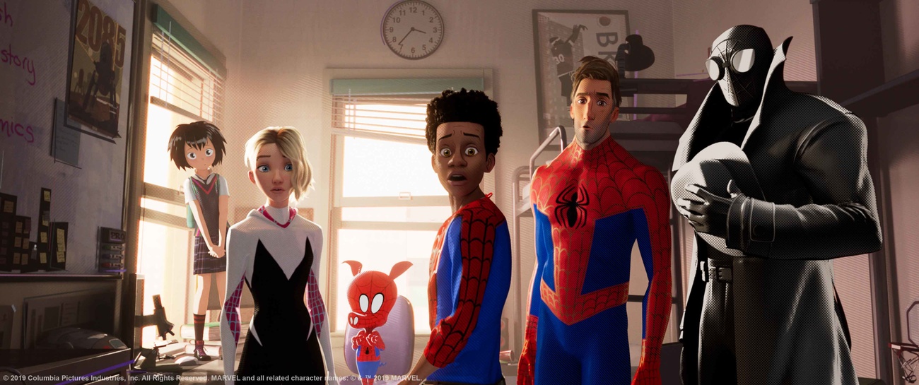 Image of main character Miles with the other Spider-people from different dimensions.