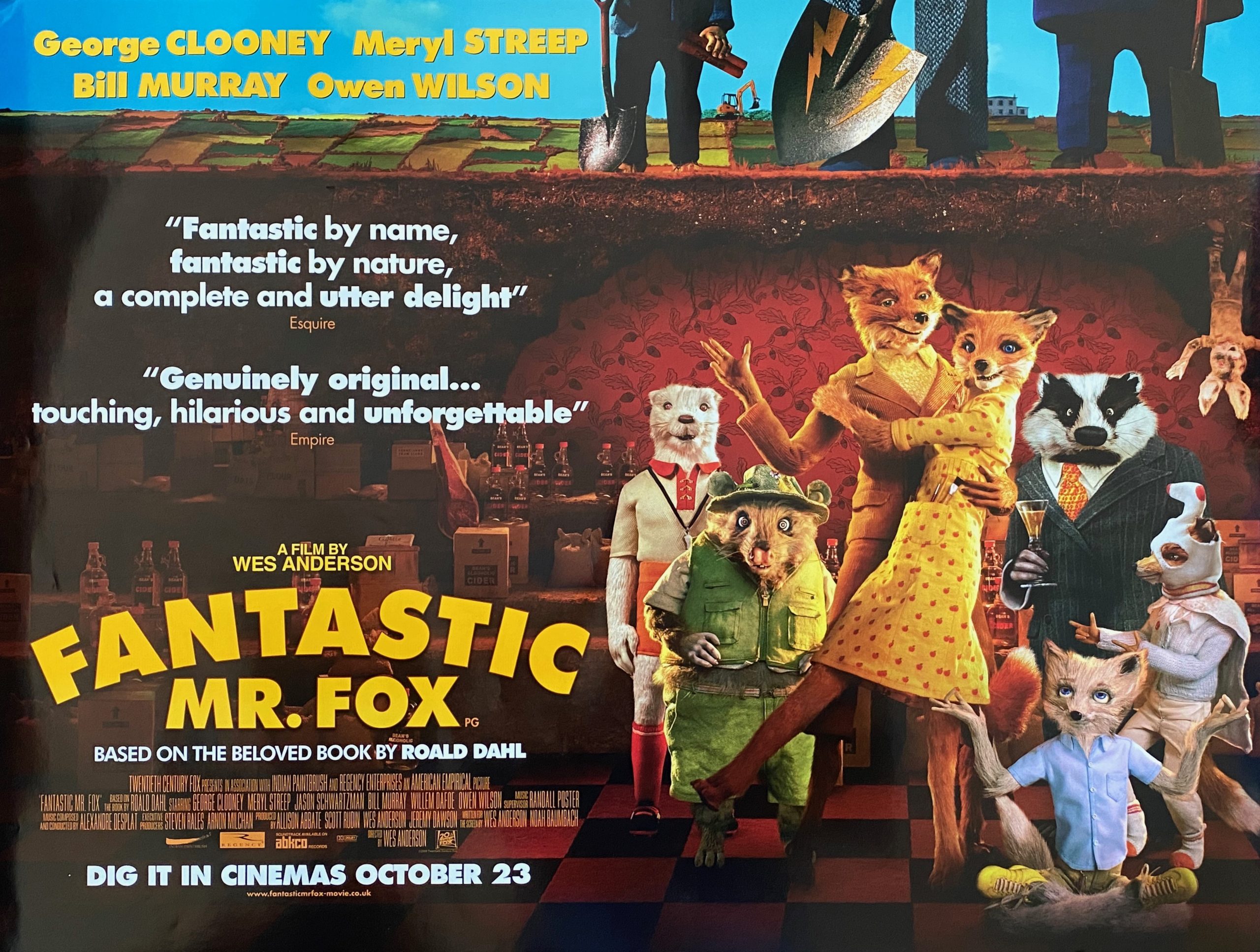 The characters from Fantastic Mr. Fox appear in this movie post to the right and movie related text appears on the left.