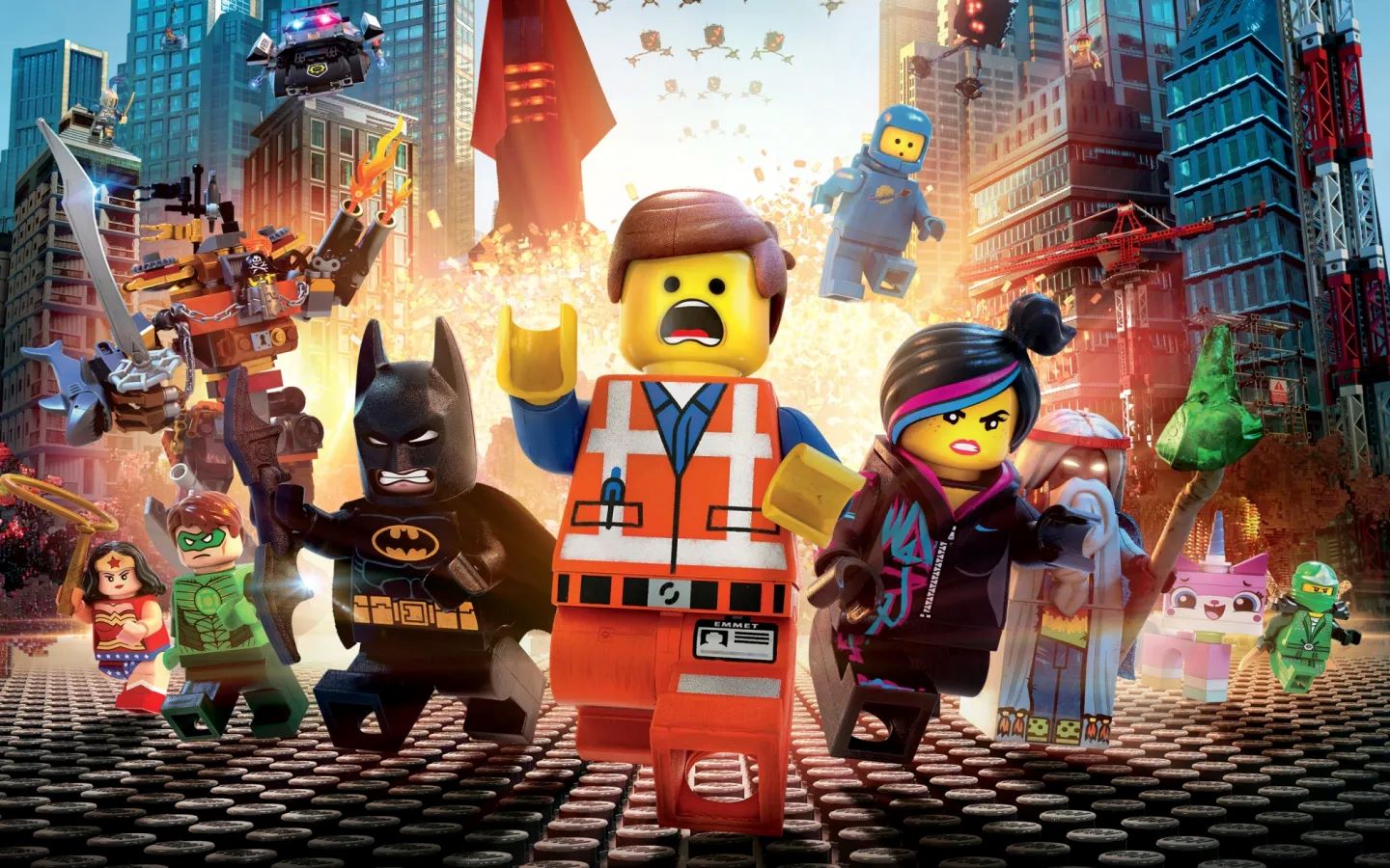 Led by the main character Emmet, LEGO figures run from a fiery explosion.