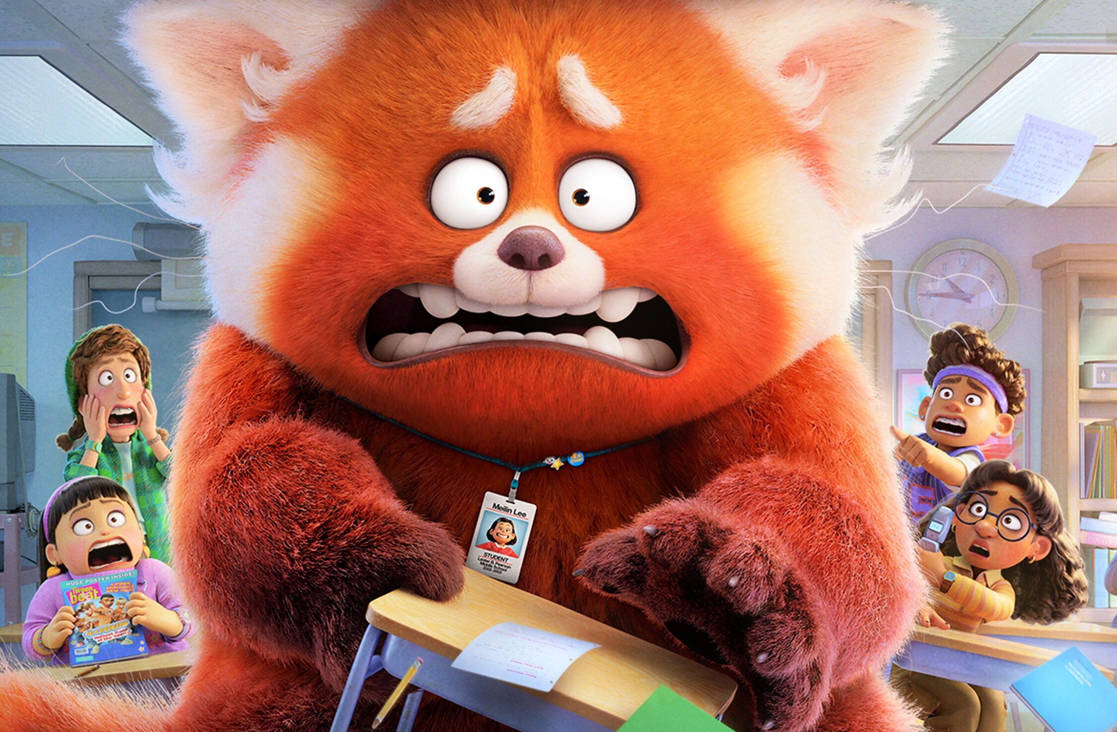 Main character Mei Lee appears as a red panda in the center of the image holding a desk while four classmates stand off the side in shock.