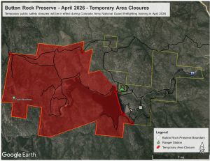 This map shows the Button Rock Preserve area with temporary closures for April 2026. The closed areas are shaded in red. Cook Mountain is labeled. There are icons marking a ranger station and a temporary area closure. The map includes labels like Button Rock Preserve Boundary and a legend for easy reference.