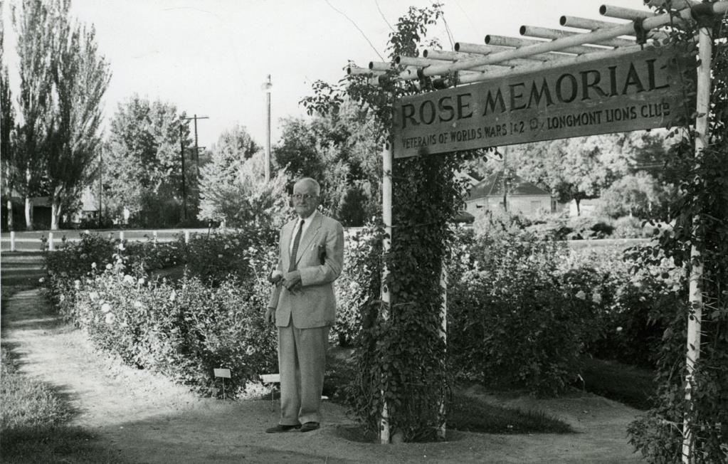 Black and white photo of Theodore Schey standing in the rose garden at Roosevelt Park. A large wooden trellis with a sign that reads "Rose Memorial / Veterans of World Wars 1 & 2 Longmont Lions Club" and numerous rose bushes are visible behind him. Published in the Longmont Times-Call on October 8, 1958.