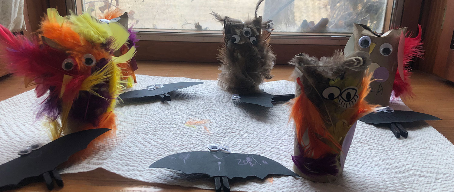 craft owls and bats made from cardboard rolls with glued on feathers