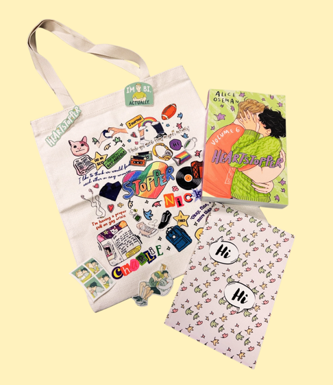 heartstopper party promo image with a tote, book cover and a notebook saying hi hi