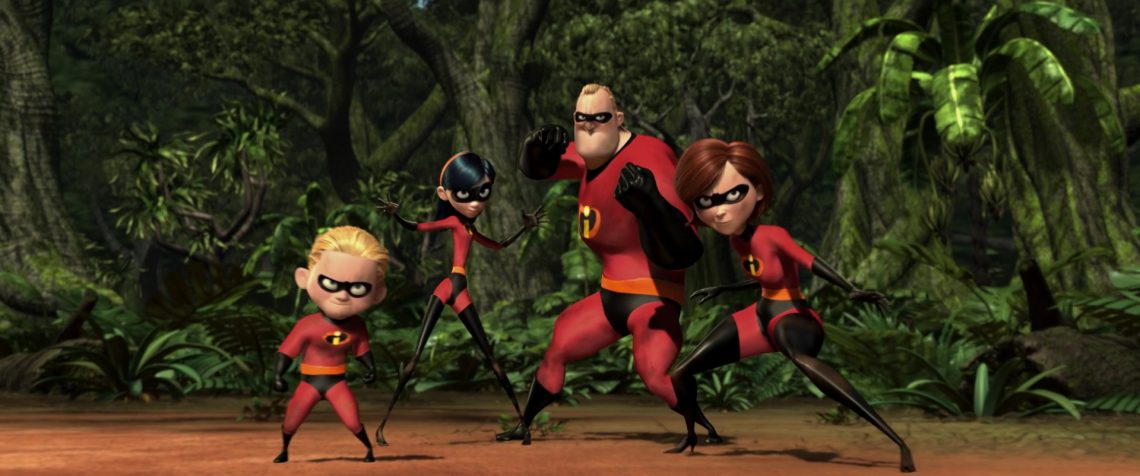 Mr. Incredible, Elastigirl, and their children Violet and Dash pose together in the jungle ready to battle in their matching red, black, and yellow supersuits.