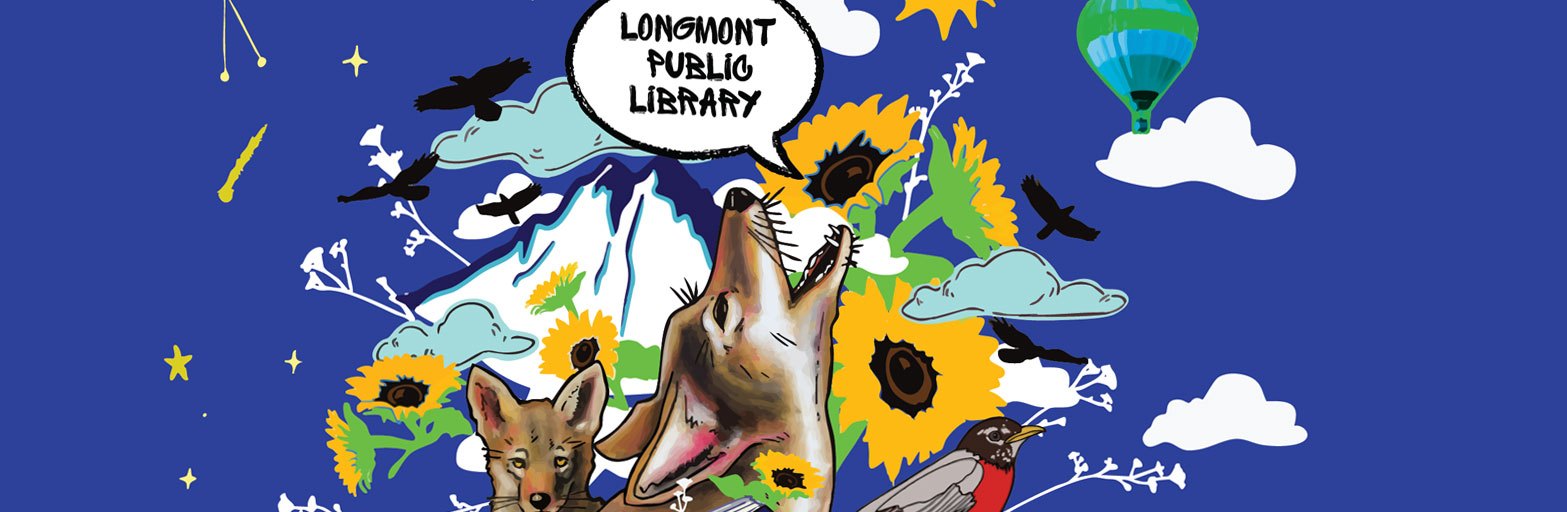 Art featuring a colorful illustration of a coyote and flowers on a blue background.