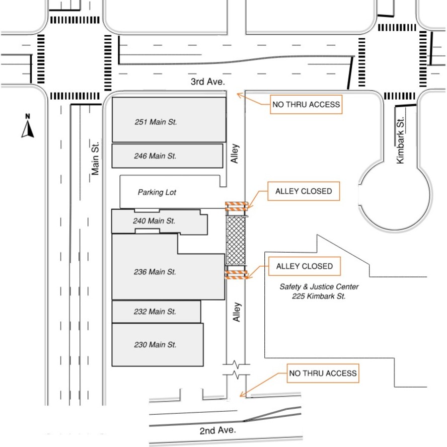 Map shows the intersection of Longmont's Main Street (running north to south) and 3rd Avenue (at the top of the map) and 2nd Avenue at the bottom of the map. The alley closure happens behind 236 and 240 Main Street, roughly in the middle of the block.