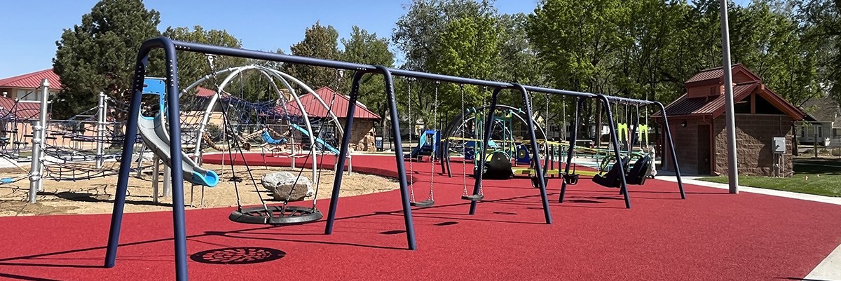 New, brightly colored playground equipment is seen in the Roosevelt Park Playground.