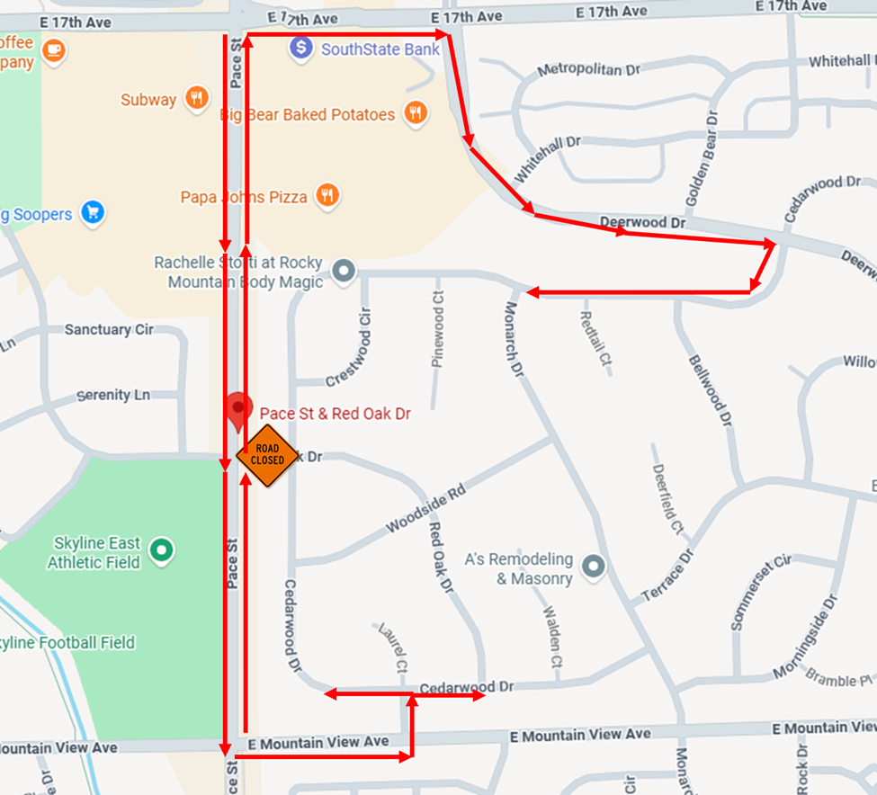 Detour map. Northbound traffic will continue north on Pace Street to 17th Avenue, turn right onto 17th Avenue, then right onto Deerwood Drive, followed by a right onto Cedarwood Drive, and continue along Cedarwood Drive. Southbound traffic will continue south on Pace Street, turn left onto Mountain View Avenue, then left onto Laurel Court, followed by a left onto Cedarwood Drive, and continue along Cedarwood Drive.