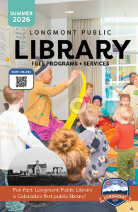 Cover of summer 2026 Library brochure with kids and a librarian engaged in a music, reading and waving scarves. 