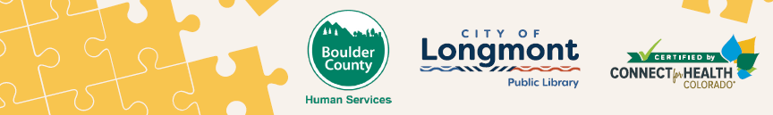 yellow puzzle pieces and three logos of boulder county health care, library and connect for health