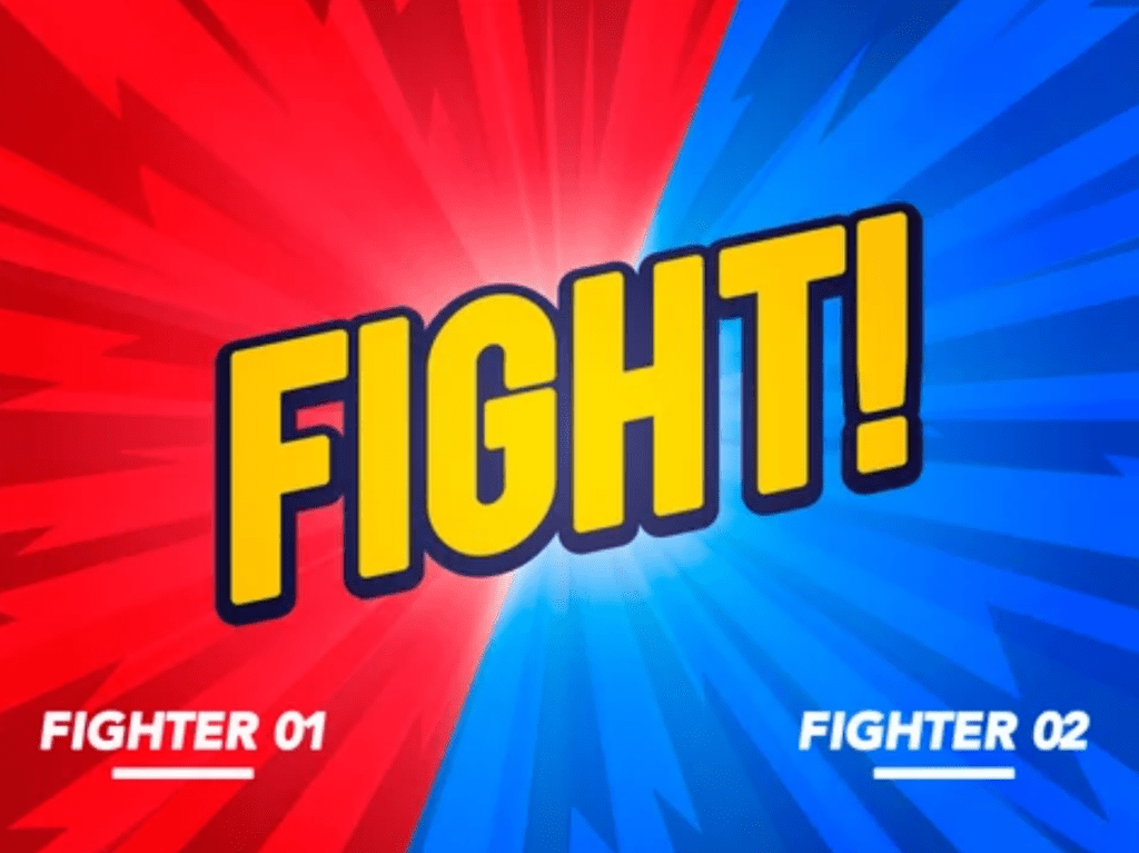 Fight! written over a red and blue background with Player 1 and 2 underneath it.