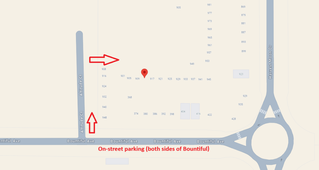 Map shows Harvest Moon Drive running north south on the right, turning into a roundabout in the bottom right corner. Bountiful Ave heads west from the roundabout. Guests should park along Bountiful Avenue and walk north on the first cross street west of the roundabout (which is Altitude Court, and take the next right on Edge Circle.