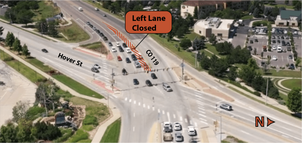Map of CO 119 and Hover St intersection. The left-most lane on CO 119 turning north onto Hover St. is covered in orange stripes. There is an orange sign that reads " Left Lane Closed"