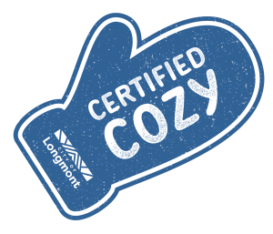 illustration of a single blue mitten with the words Certified Cozy Longmont Colorado overlaying and a Longmont logo 