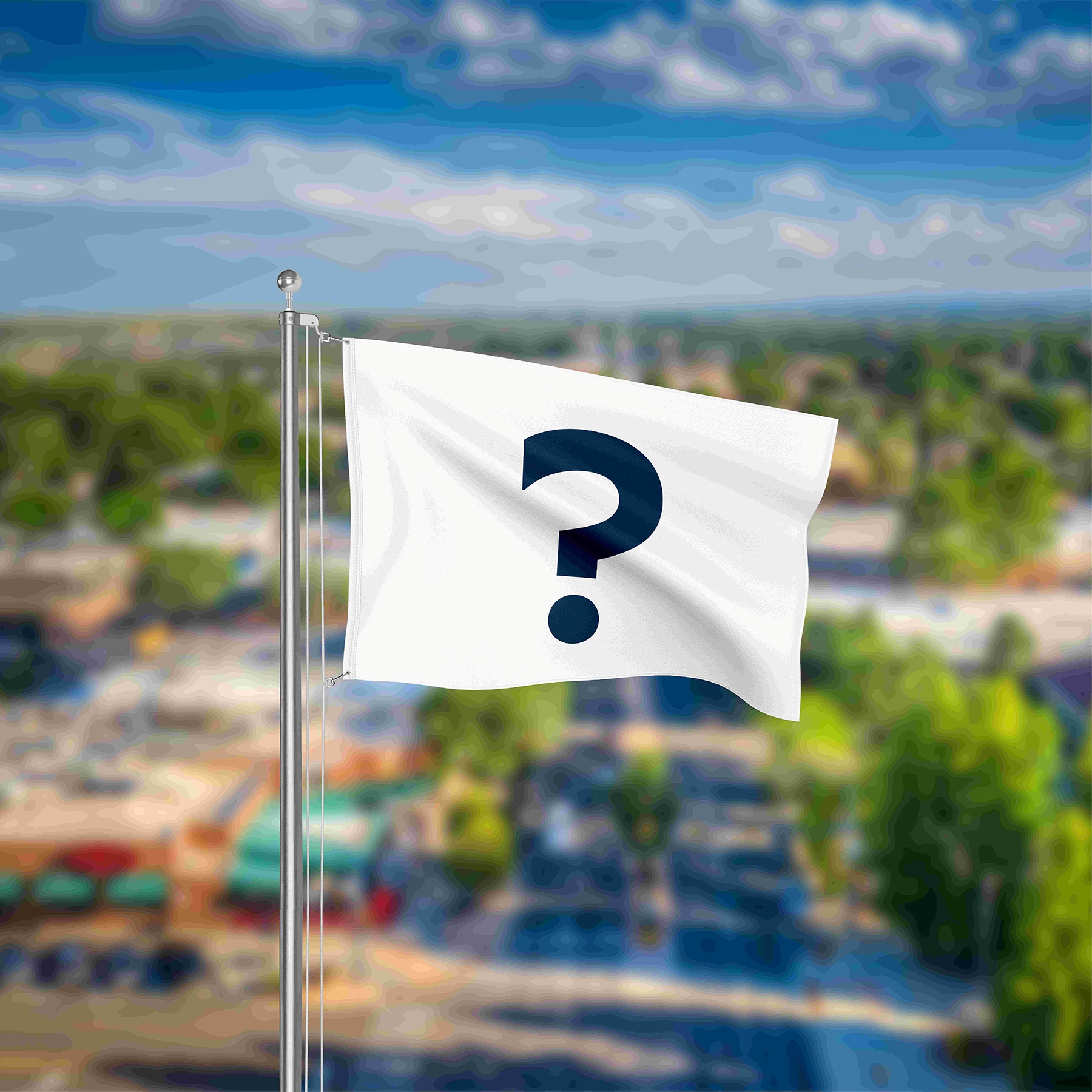 An image of a Longmont landscape with a white flag with a question mark in front