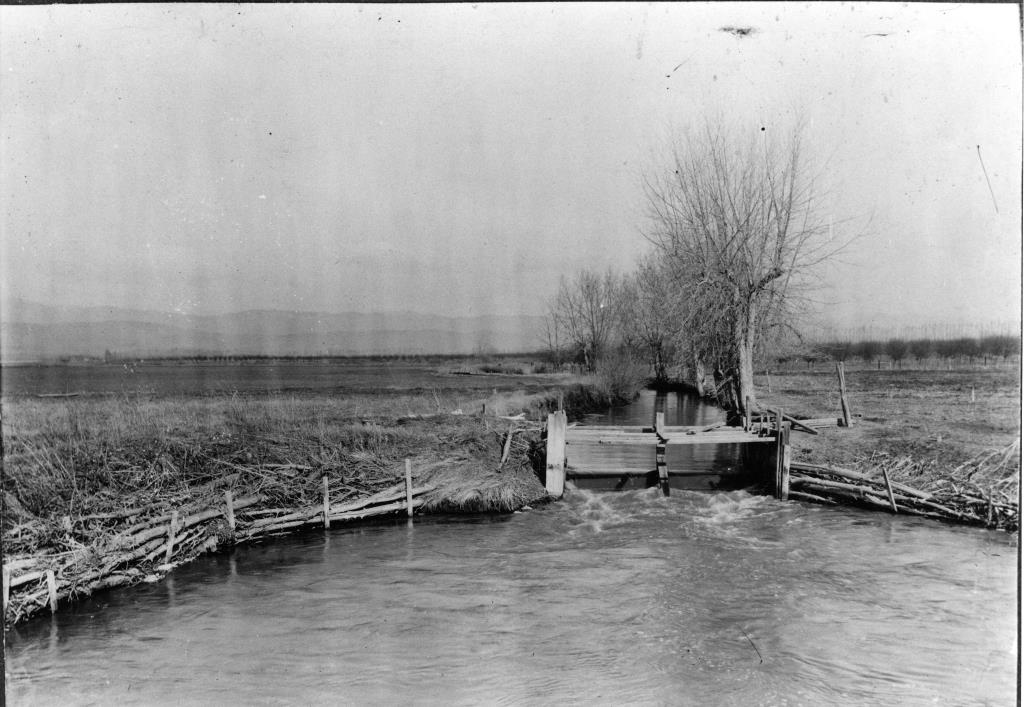 Black and white print of the Highland Ditch full of water. Photo is taken from center of ditch, following it back. Sides are reinforced with wooden stakes and branches. Ditch is narrow in back with a wooden structure and step leading into a wider area in foreground. Right side is lined with trees. Background is open fields with mountains in distance.