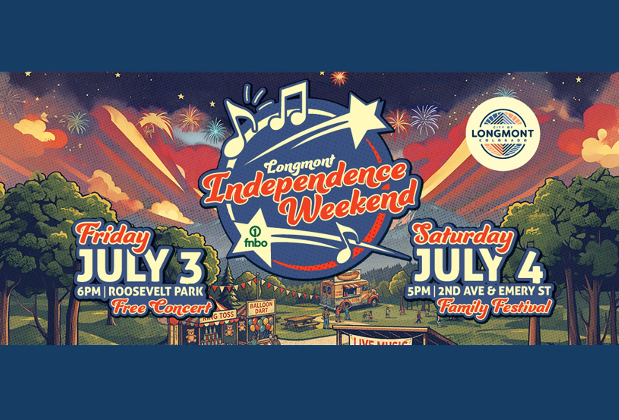 Independence Weekend graphic with fireworks and retro festival scene