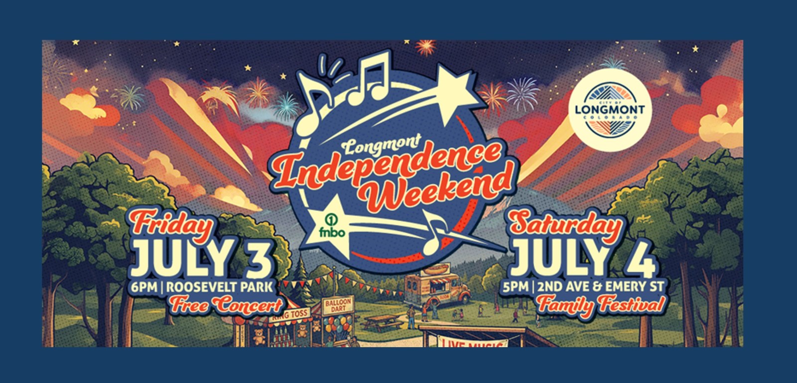 Graphic with information about the July 3 and 4 events over images of fireworks, festival and music notes