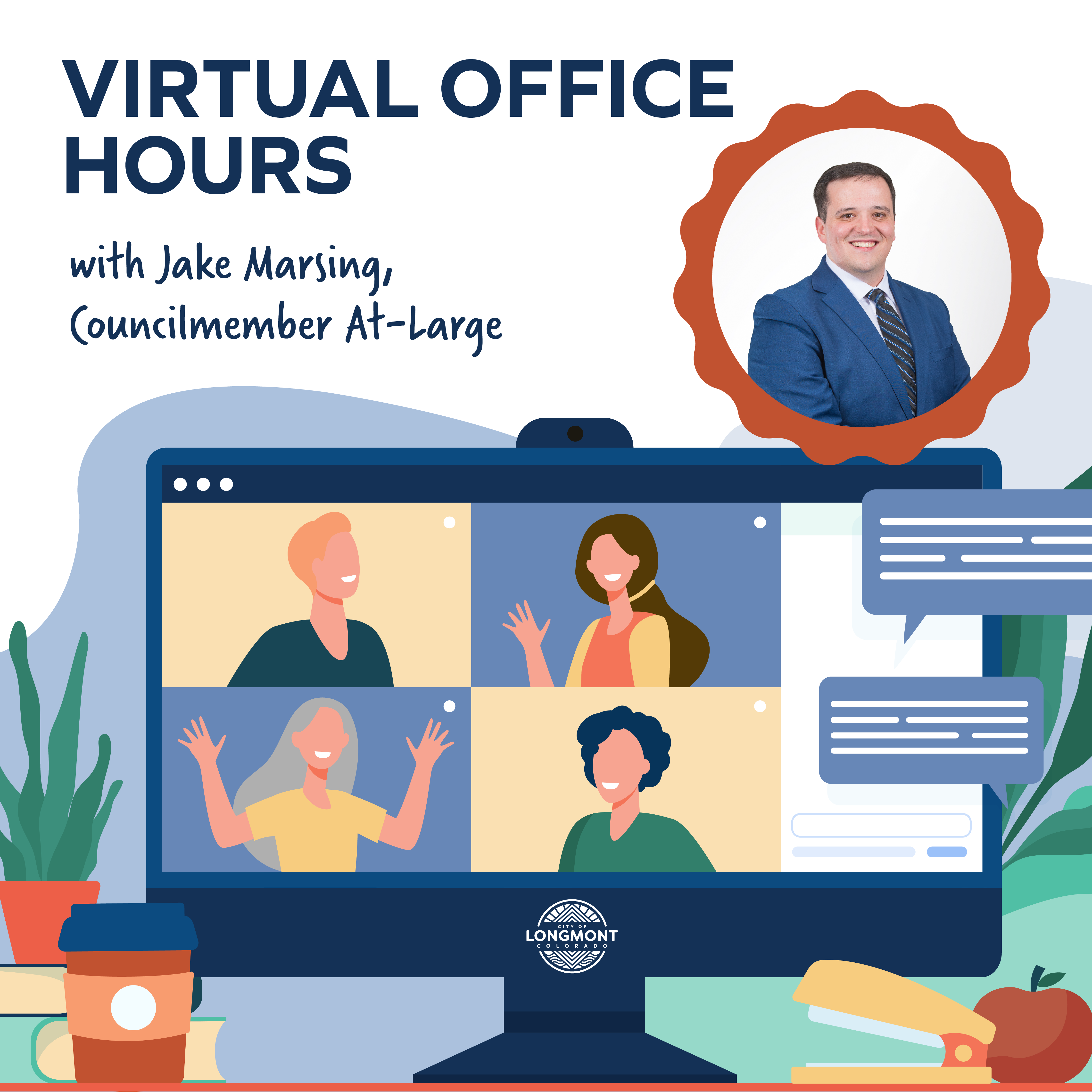 Virtual Office Hours graphic with headshot of Jake Marsing, Councilmember At-Large