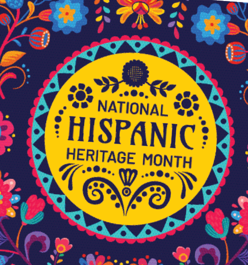 colorful illustration with words Hispanic Heritage Month in the center