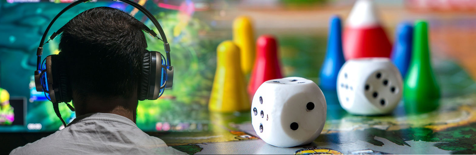 collage photography of a man playing a video game from behind and board game pieces like a die and a playing board.