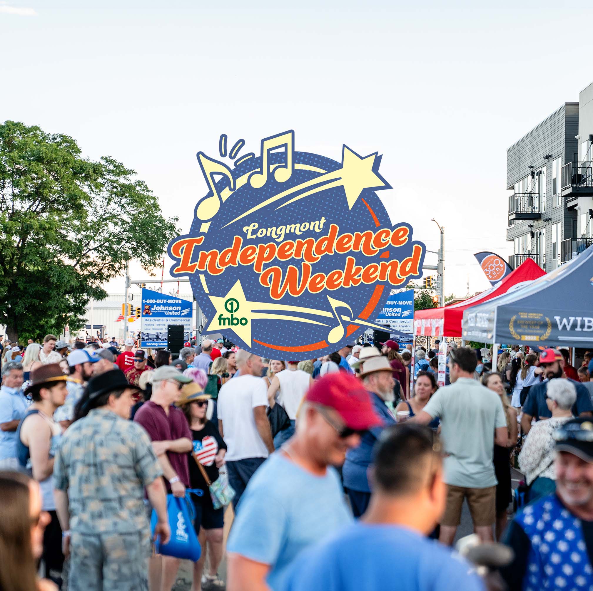 Dozens of people are enjoying an outdoor summer event. A text overlay says, "Longmont Independence Weekend" and "fnbo."
