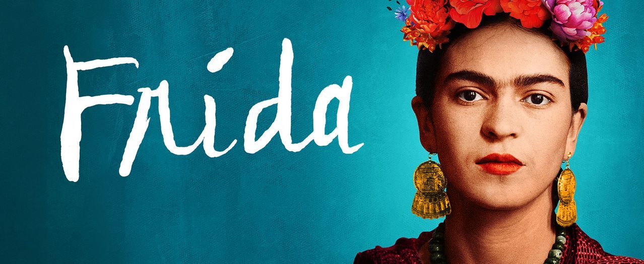 Frida Kahlo poster showing Frida with a colorful flower crown, large gold earrings, green necklace, and a red and black wrap. Text and image shown against a turquoise background.
