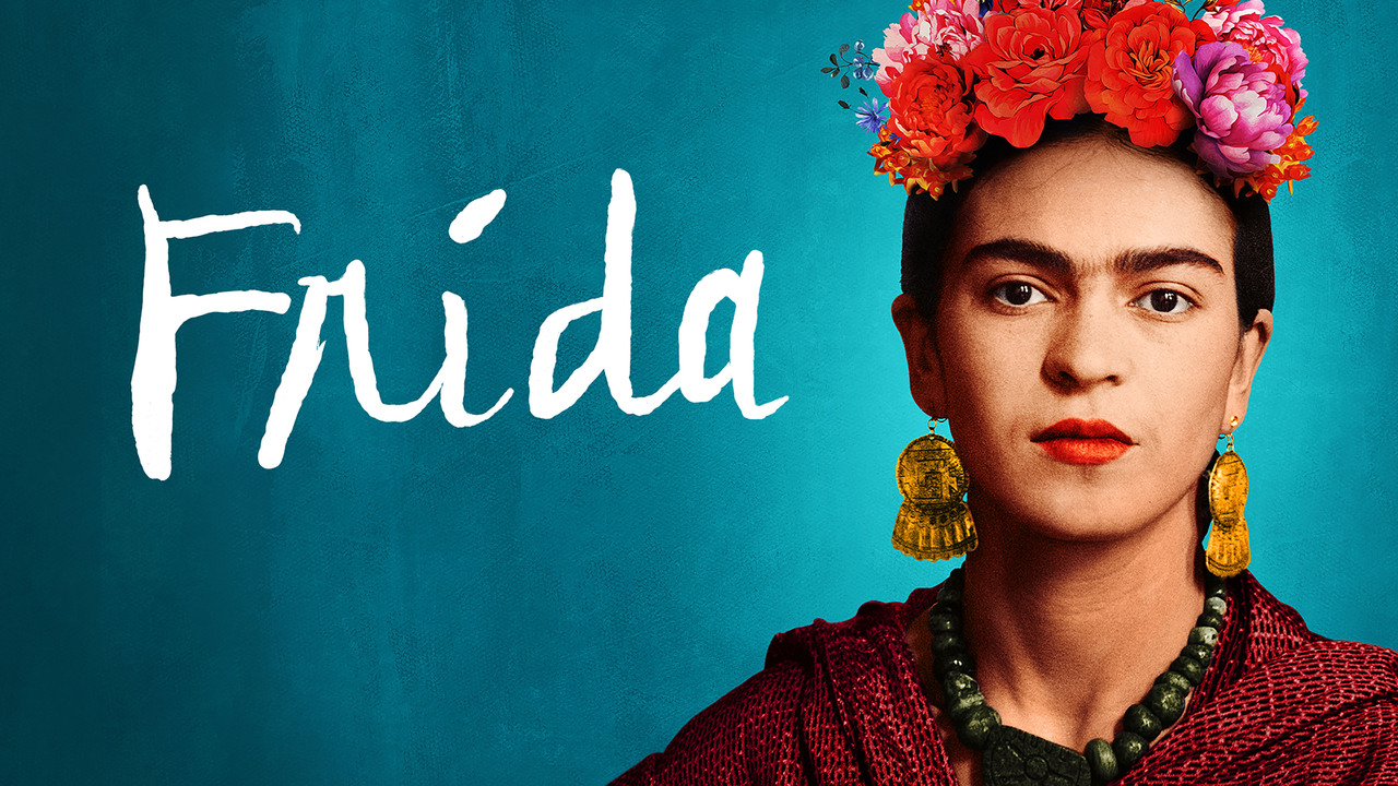 Frida Kahlo poster showing Frida with a colorful flower crown, large gold earrings, green necklace, and a red and black wrap. Text and image shown against a turquoise background.