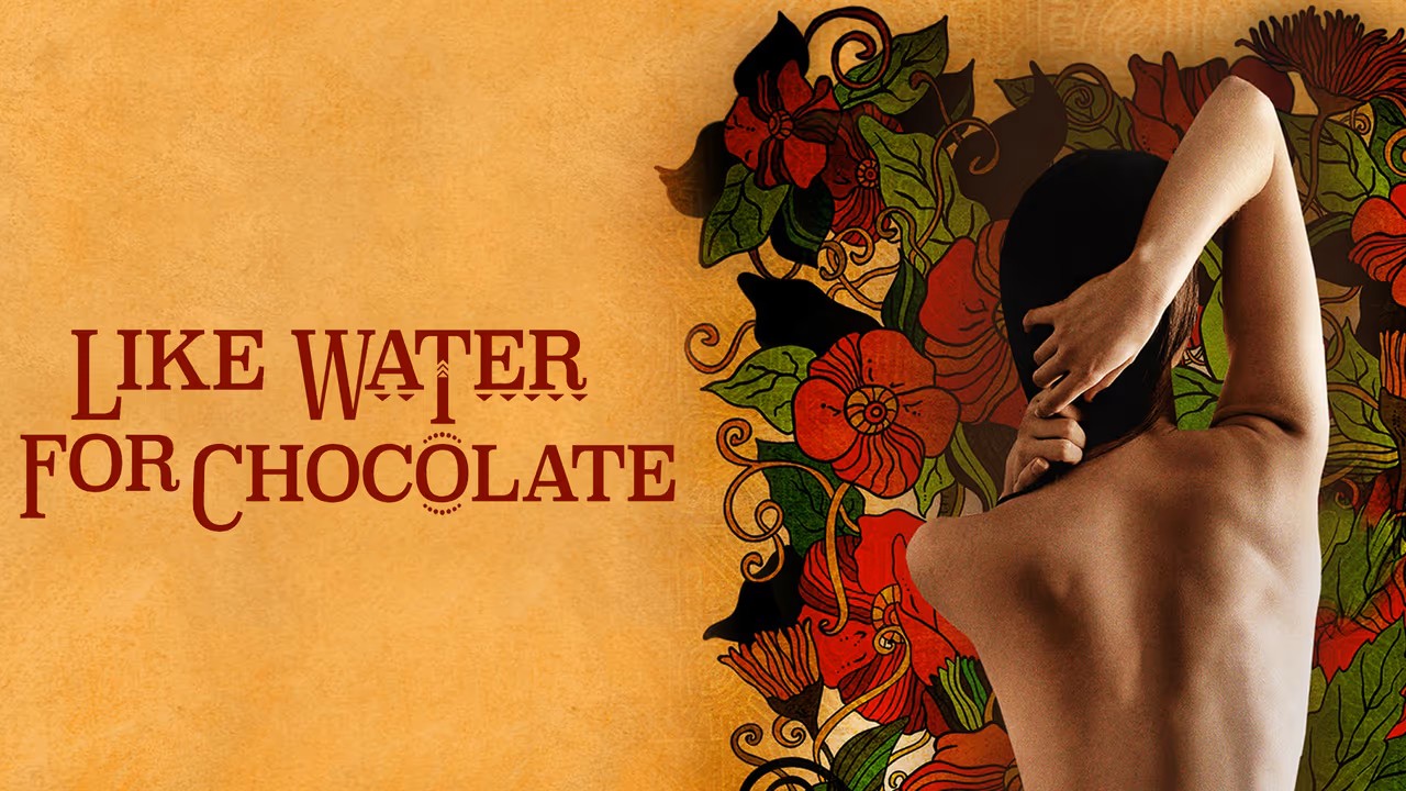 To the right of film title text is an image of a bare backed woman with brown hair, framed by illustrations of warm toned flowers.