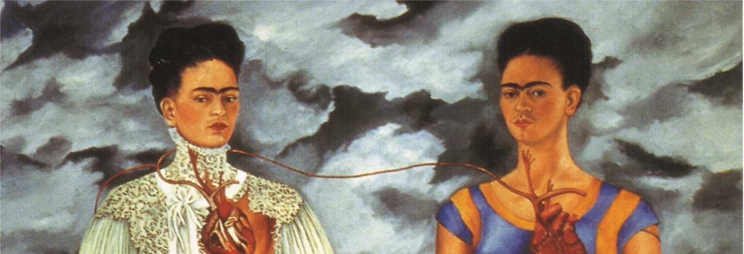 Frida Kahlo painting. Two Frida Kahlos shown next to each other against a dark cloudy background with exposed hearts on their chests connected to each other.