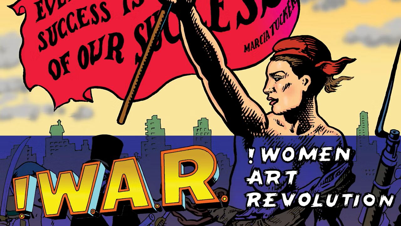 Movie title text accompanied by an image of a fierce woman raising a flag against a cityscape background. A part of a Marcia Tucker quote appears across the top of the image.